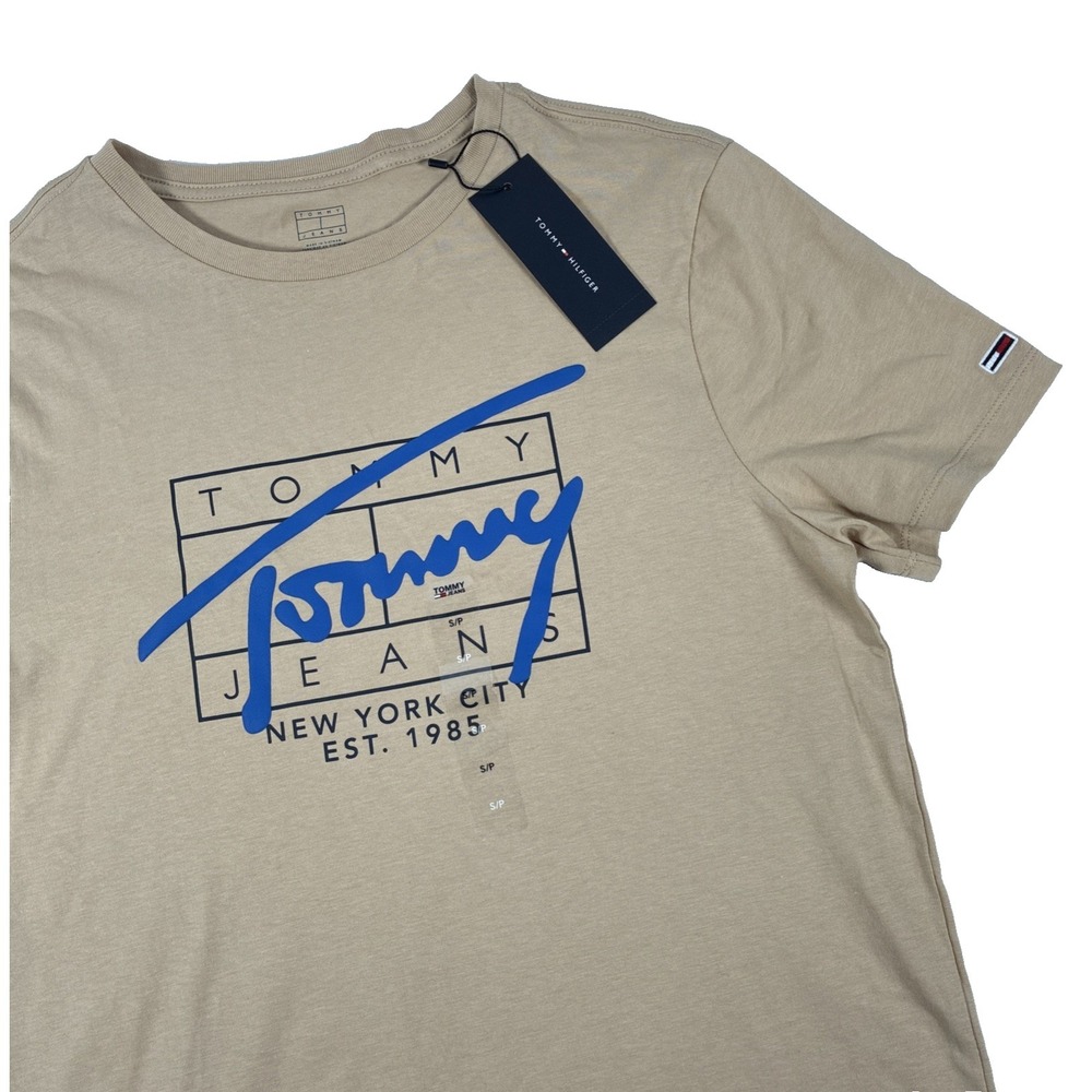 New Mens Tommy Hilfiger Jeans Spellout T-Shirt Size Small NWT Tan Beige